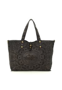 Borsa tote in pelle nera con motivi traforati intricati, marchio goffrato e due robuste cinghie per la spalla. Presenta dettagli in metallo color oro.