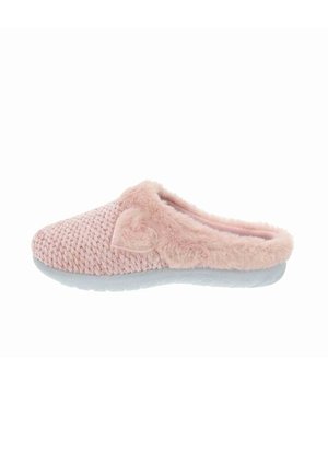 Pantofole a maglia rosa con bordino soffice, design aperto sul retro e superficie texture. Materiale morbido con una soletta leggera e flessibile.