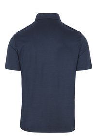 Marineblauwe polo met korte mouwen, voorzien van een klassieke kraag en een gladde katoenstof. Eenvoudig, effen ontwerp zonder zichtbare patronen of accenten.