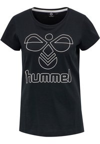 Camiseta de algodón negra con cuello redondo y mangas cortas. Presenta un gran diseño gráfico en blanco y la palabra "hummel" en la parte inferior.