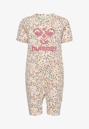 Kortærmet romper lavet af bomuld med en cremefarvet baggrund og multicolore polkaprikker. Har et pink logo foran og trykknapper i bunden.