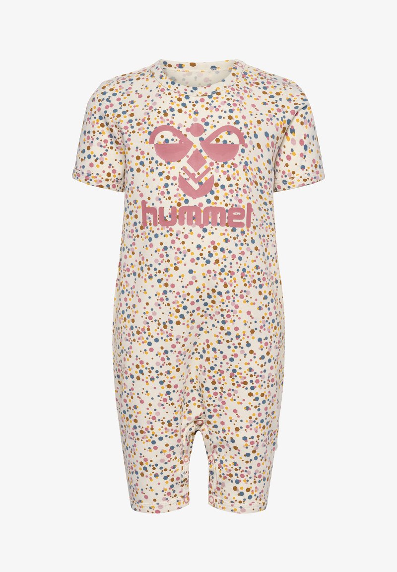 Combinaison à manches courtes en coton avec une base crème et des pois multicolores. Présente un logo rose sur le devant et des boutons-pression en bas.