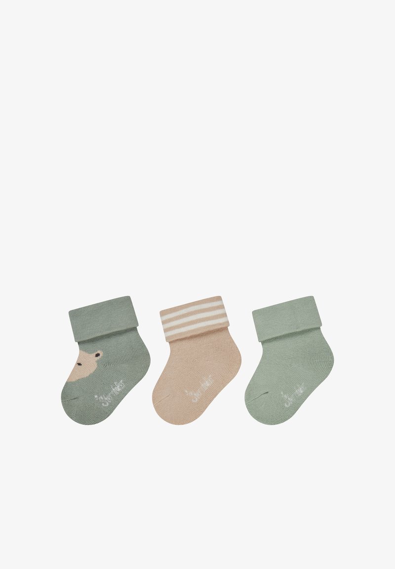 Three folded baby socks in green and beige, one with a bear face, one with beige and white stripes, and one plain green.