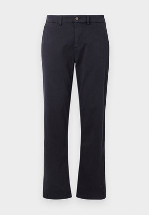 Tamno plave hlače ravnog kroja s petljama za remen i zatvaračem na gumbe, prikazane na bijeloj pozadini.