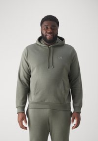 Sudadera de algodón verde con un bolsillo tipo canguro, capucha con cordón y un pequeño logo bordado en el pecho. Textura suave y ajuste relajado.