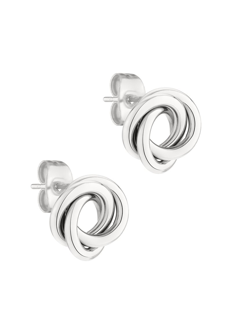 Boucles d'oreilles à puce en métal argenté mettant en avant des motifs circulaires entrelacés avec une finition polie et une texture lisse.