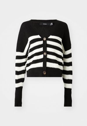 Cardigan tricotat în dungi alb-negru, cu mâneci lungi și trei nasturi în față, având decolteu în V și manșete și tiv ribbed.