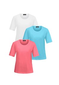 Drie T-shirts met korte mouwen in wit, lichtblauw en roze. Rondhals ontwerp, gladde textuur en gemaakt van katoen.