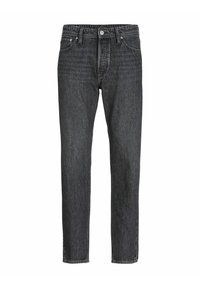 Jeans negre din denim cu un croi drept, care au cinci buzunare, o închidere cu buton și fermoar în față, și detalii de cusătură discrete.