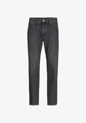 Schwarze Jeans aus Denim mit geradem Schnitt, ausgestattet mit fünf Taschen, einem vorderen Knopf- und Reißverschluss sowie dezenten Nähereien.