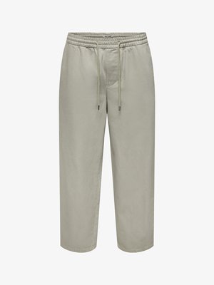 Beige casual broek met elastische tailleband en trekkoord, rechte snit, zonder zichtbare zakken, gemaakt van lichtgewicht stof.