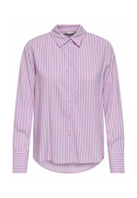 Chemise rose à manches longues boutonnée avec de fines rayures verticales bleues et blanches et un col pointu.