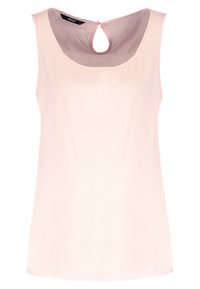 Top sin mangas de color rosa empolvado con un escote redondeado y abertura en forma de ojo de cerradura en la parte trasera, hecho de una tela lisa.