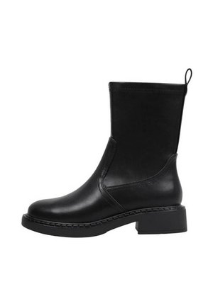 Botte mi-mollet en cuir noir avec bout arrondi, petit talon bloc, semelle cousue et languette à l'arrière.