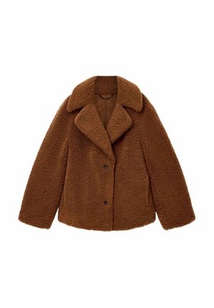 Giacca in pelliccia sintetica marrone e soffice con colletto a rever ampio, due bottoni frontali e vestibilità rilassata. Tessuto morbido con un aspetto accogliente.