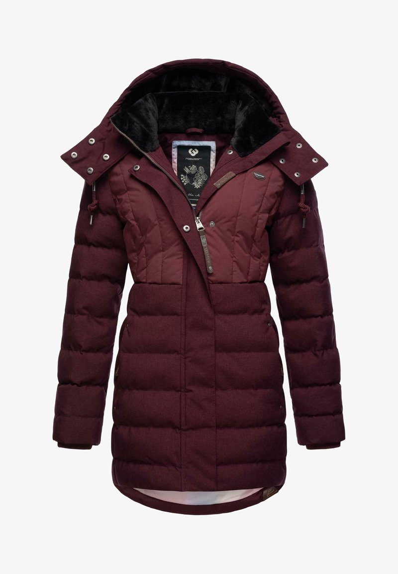 Bordeauxkleurige pufferjas met een zachte zwarte kraag, ritsluiting, zijzakken en gecapitonneerde textuur. Heeft een aansluitende taille voor een goede pasvorm.