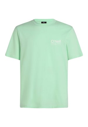 Licht mintgroene katoenen T-shirt met korte mouwen, een ronde hals en een wit logo op de linkerborst. Glad textuur, standaard pasvorm.
