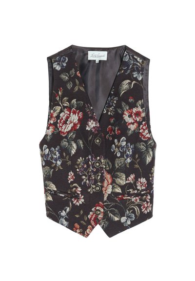 Veste à motif floral sombre avec boutons sur le devant et deux petites poches, taille 42, étiquetée Luisa Spagnoli.