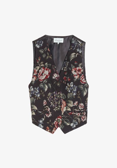 Veste à motif floral sombre avec boutons sur le devant et deux petites poches, taille 42, étiquetée Luisa Spagnoli.