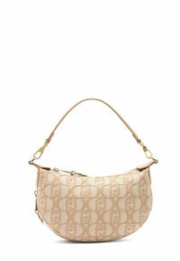 Sac à main beige à motif avec une forme incurvée, doté d'une poignée lisse et d'une quincaillerie dorée. Le matériau semble texturé et robuste.