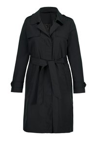 Long trench-coat noir avec ceinture, poignets boutonnés, large col et fermeture avant dissimulée, présenté sur fond blanc.
