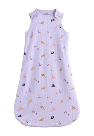 Ärmelloser hellvioletter Babyschlafsack mit Tier- und Regenbogenmustern und Druckknöpfen an den Schulterträgern.