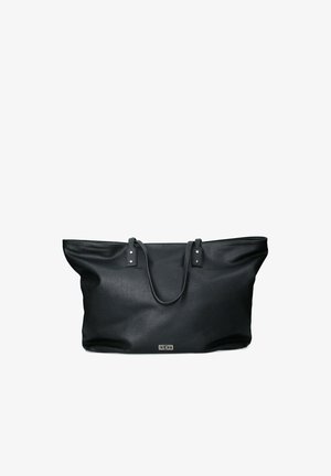 Borsa tote nera in pelle con superficie testurizzata, doppio manico e dettagli in argento. Design spazioso con fondo piatto per la stabilità.