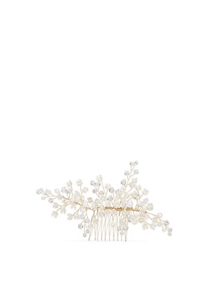 Haarreif mit goldfarbenen Ästen, verziert mit weißen Perlen und klaren Kristallen, sowie einer dekorativen Kammgrundlage.
