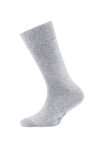 Chaussette mi-mollet grise clair avec un bord côtelé, texture tricotée lisse et renfort subtil au talon et à la pointe, présentée sur un fond blanc.