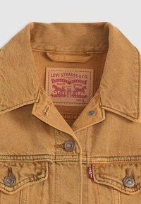 Dzeltena džinsa jaka ar izteiksmīgu apkakli, priekšējām kabatām, sudraba spiedpogu un sarkano Levi's uzšuvumu. Etiķete ar purpura krāsas drukājumu, kurā ir zīmola detaļas.