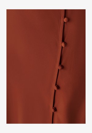 Roostevärvi kleit sujuvast kangast, millel on õmbluse kõrval vertikaalne rida neljast tekstuuriga nupust. Lihtne disain.