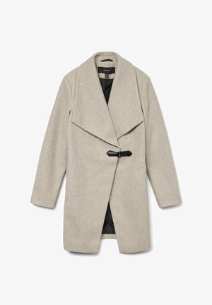Hellgrauer Wollmischungs-Mantel mit Schalkragen, ausgestattet mit einem Vorderverschluss mit einem schwarzen Verschluss und einem glatten schwarzen Innenfutter.