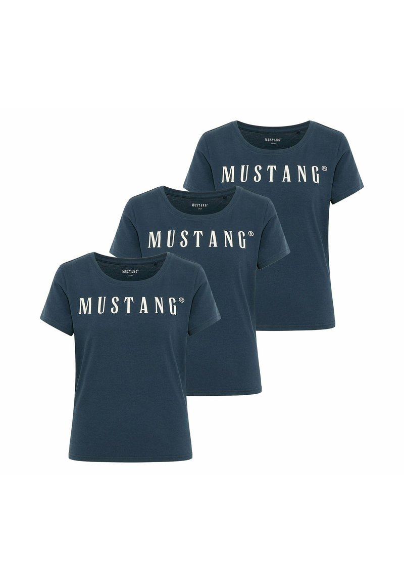 Navy blue cotton t-shirts with a crew neck and short sleeves, featuring the text "MUSTANG" in white across the front. Three shirts displayed.