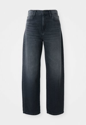 Jeans a gamba larga in denim lavato scuro, con vita alta, chiusura classica a bottone e zip, e una leggera scoloritura sul davanti.