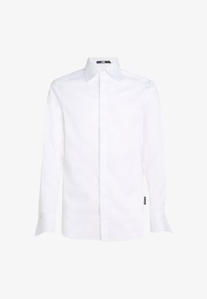 Balta garo piedurkņu krekla ar klasisku apkakli, pogu aizdari un aproču detaļām. Izgatavots no gludas auduma ar regulāru piegriezumu un sānu šuvju etiķeti.