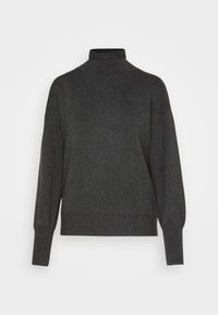 Pull à col roulé gris foncé en tissu tricoté doux, avec une coupe décontractée, des poignets côtelés et un ourlet côtelé.