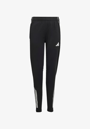 Pantalones deportivos negros de corte ajustado, con cintura elástica, bolsillos laterales y tres franjas blancas a lo largo de las piernas. Presenta un logo en el lado izquierdo.