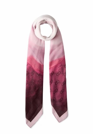 Sciarpa di seta con gradiente rosa e texture scintillante, caratterizzata da un design a motivi in tonalità più scure di rosa e un'estremità a punta.