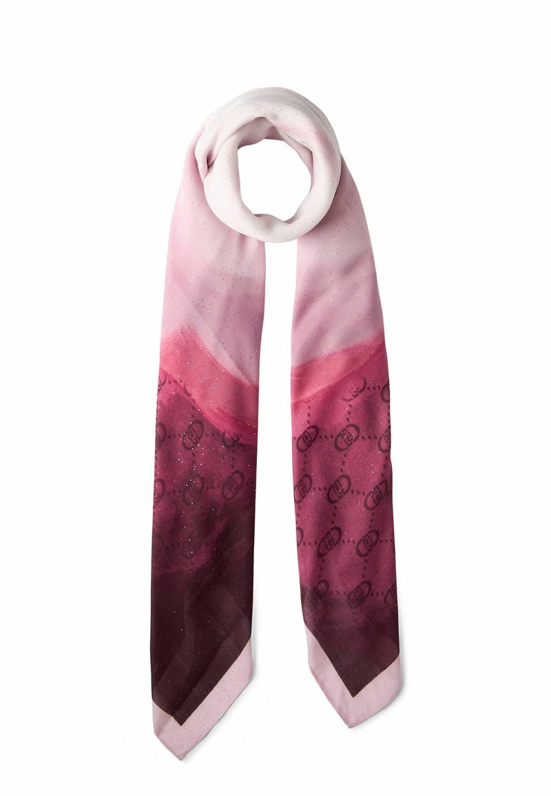 Bufanda de seda con degradado rosa y textura brillante, que presenta un diseño estampado en tonos más oscuros de rosa y un extremo puntiagudo.