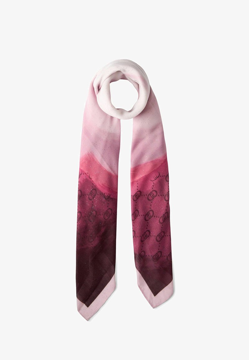 Roze gradient zijden sjaal met een glanzende textuur, voorzien van een patroon in donkerdere tinten roze en een puntige uiteinde.