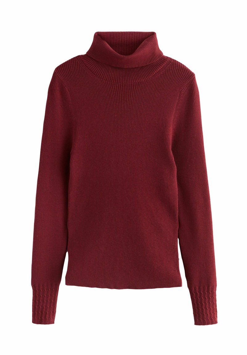 Burgundin värinen ribbineule turtleneck-paita, jossa on pitkät hihat ja teksturoidut hihansuut. Kangas on pehmeä ja joustava mukavuutta varten.