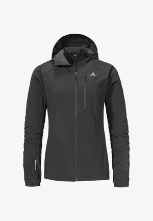 Black outdoor hooded jacket with front zipper, chest zip pocket, and reflective logos on chest and sleeves.