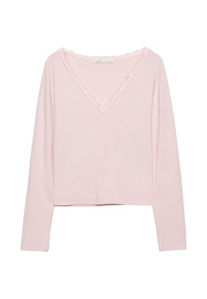 Ružové tričko s dlhým rukávom a výstrihom do V, zdobené volánikovým čipkovým lemom. Vyrobené z mäkkého materiálu s voľným strihom.