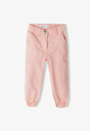 Pantaloni di cotone rosa chiaro con vita elasticizzata, due tasche frontali e una tasca laterale, con polsini elasticizzati alle caviglie.