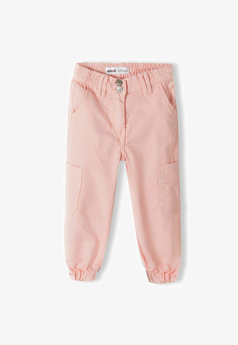 Jasnoróżowe bawełniane spodnie z elastycznym pasem, dwoma przednimi kieszeniami i jedną kieszenią boczną, z elastycznymi mankietami przy kostkach.