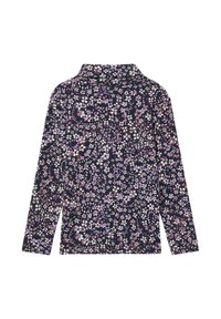 Koszula z długim rękawem w ciemnoniebieskim kolorze z motywem kwiatowym w odcieniach różu, bieli i fioletu; klasyczny kołnierzyk, miękka faktura.