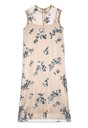 Vestido midi sin mangas de color beige con parte superior transparente en el pecho y la espalda, decorado con patrones dispersos de lentejuelas plateadas y negras en forma de flores.
