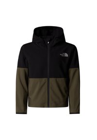 Αδιάβροχο μπουφάν με μαύρο πάνω μέρος και ελαιδί κάτω τμήμα. Ομαλή υφή με φερμουάρ μπροστά και λογότυπο στο στήθος.