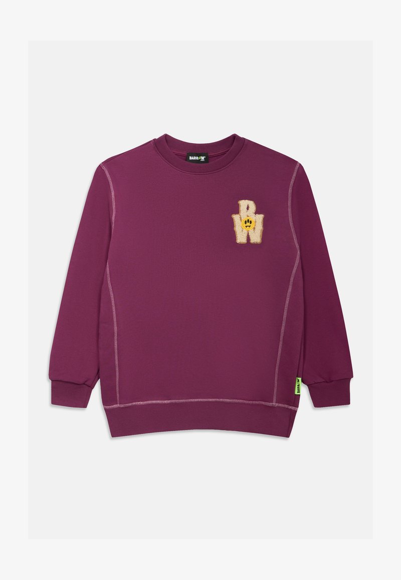 Lila Sweatshirt mit langen Ärmeln, ausgestattet mit einem flauschigen, beige gestickten Logo und gelben Akzenten. Glatte Textur mit kontrastierendem Nähen.