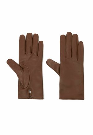 Brune læderhandsker med fem fingre. Glat tekstur, elegant design med en dekorativ udsparing ved håndleddet for et skræddersyet udseende.